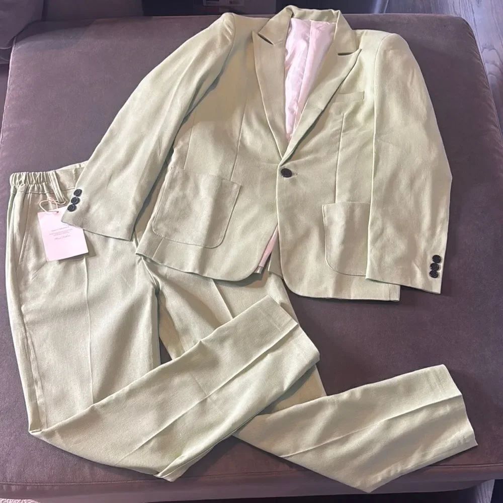 Kid’s Boys Light Green Linen Slim Fit Formal Suit Set Size 14T NEW